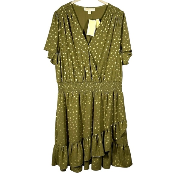 NEW Michael Kors Faux Wrap Dress Women's 1X Green Metallic Smocked Waist Ruffled - Picture 2 of 9
